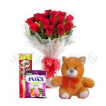 Red roses with bear, chips and candy