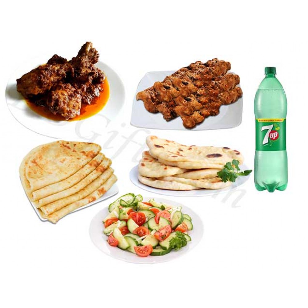 Beef sheek kabab with chicken jhal fry, naan and paratha