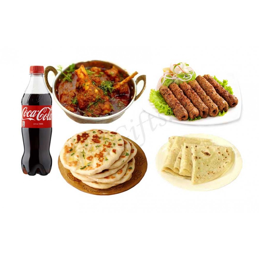 Kabab factory mutton korai, beef bihari kabab, garlic naan, romali roti and coca-cola
