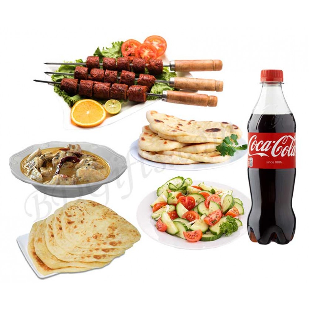 Star mutton botty kabab, mutton rezala, naan, paratha, salad and coca-cola