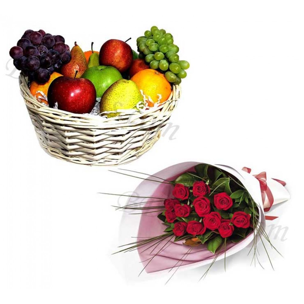 Fruit basket with red roses 