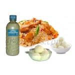 Chicken biriyani with borhani and sweets