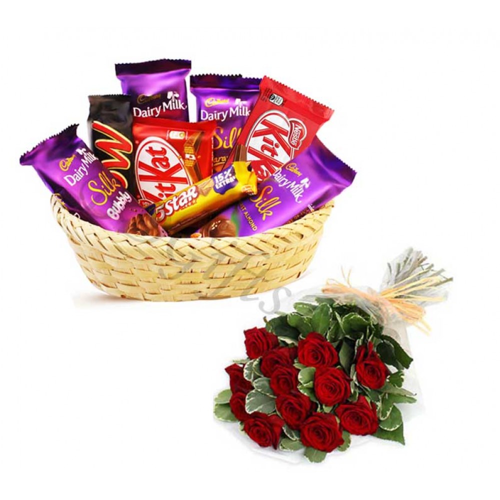 Chocolate basket and red roses 