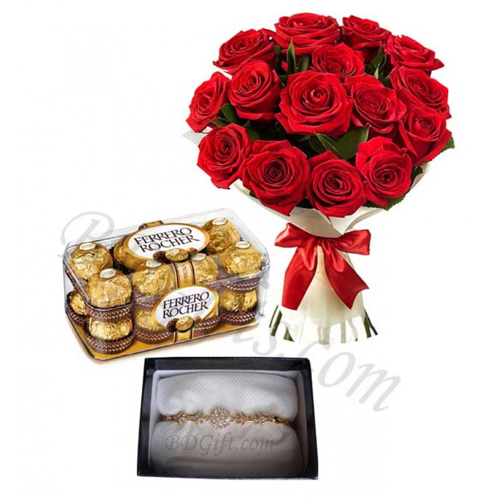 Red roses w/ stone bracelet and chocolates