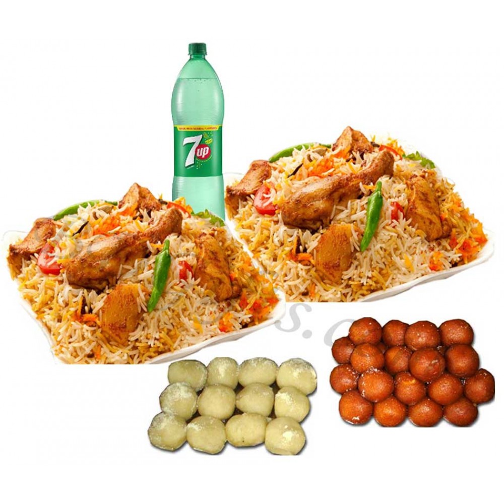 Chicken biryani with sweets and 7up