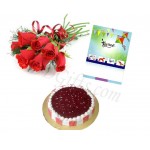 Red velvet cake with card and red roses