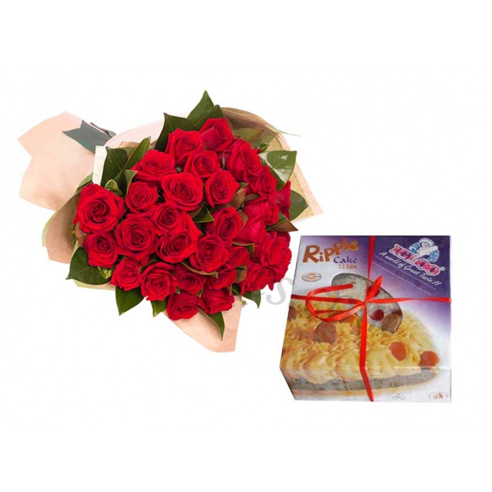 Red roses and cake ice cream