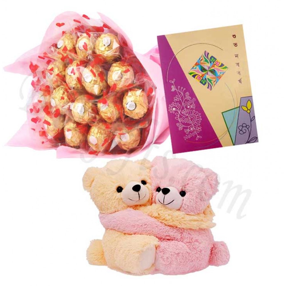 Chocolates with bangla new year card and joined teddy bear