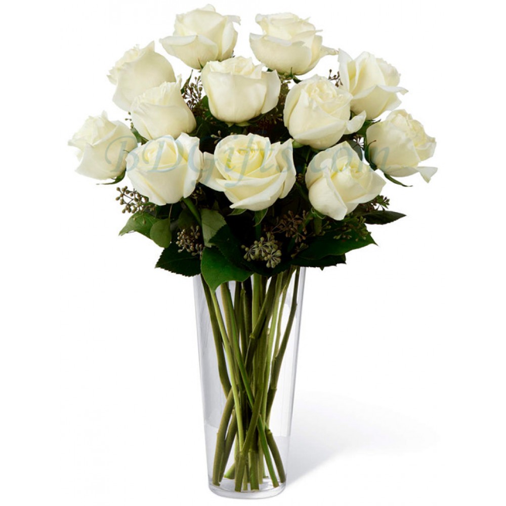 12 pcs imported white roses in vase