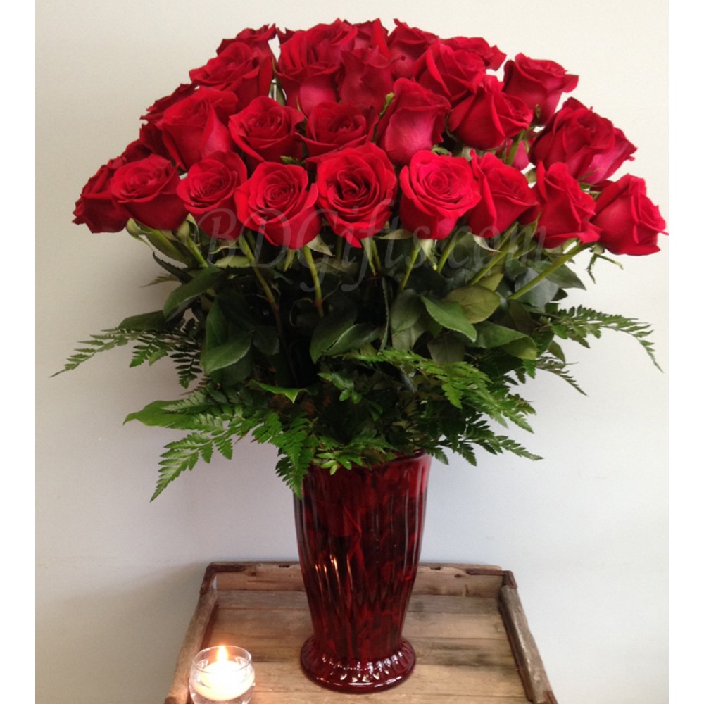 4 Dozen red roses in vase