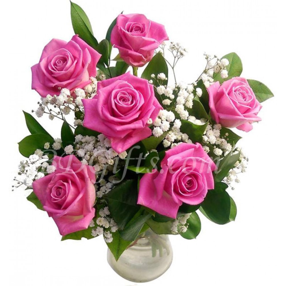 6 pcs imported pink roses in vase