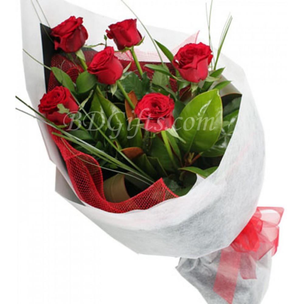 6 pcs love red roses in bouquet