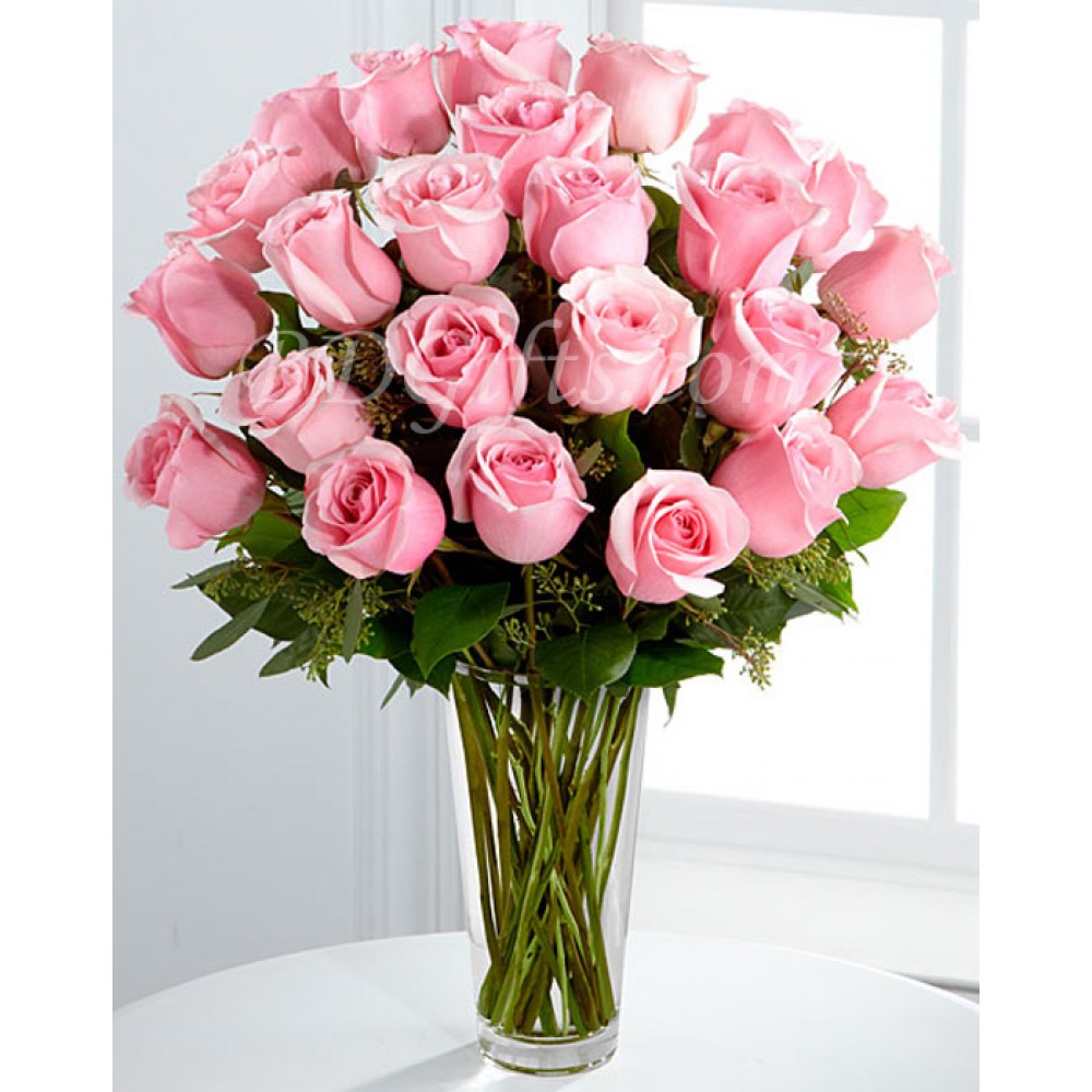 24 pcs imported pink roses in vase