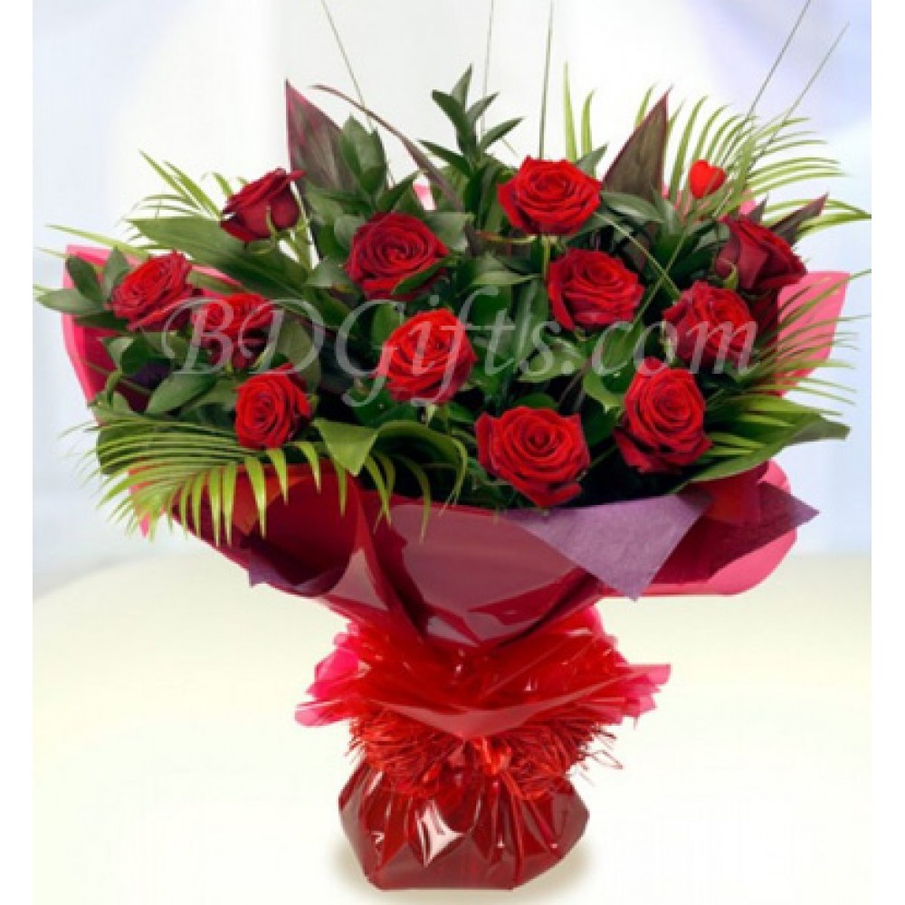 15 imported red roses in bouquet