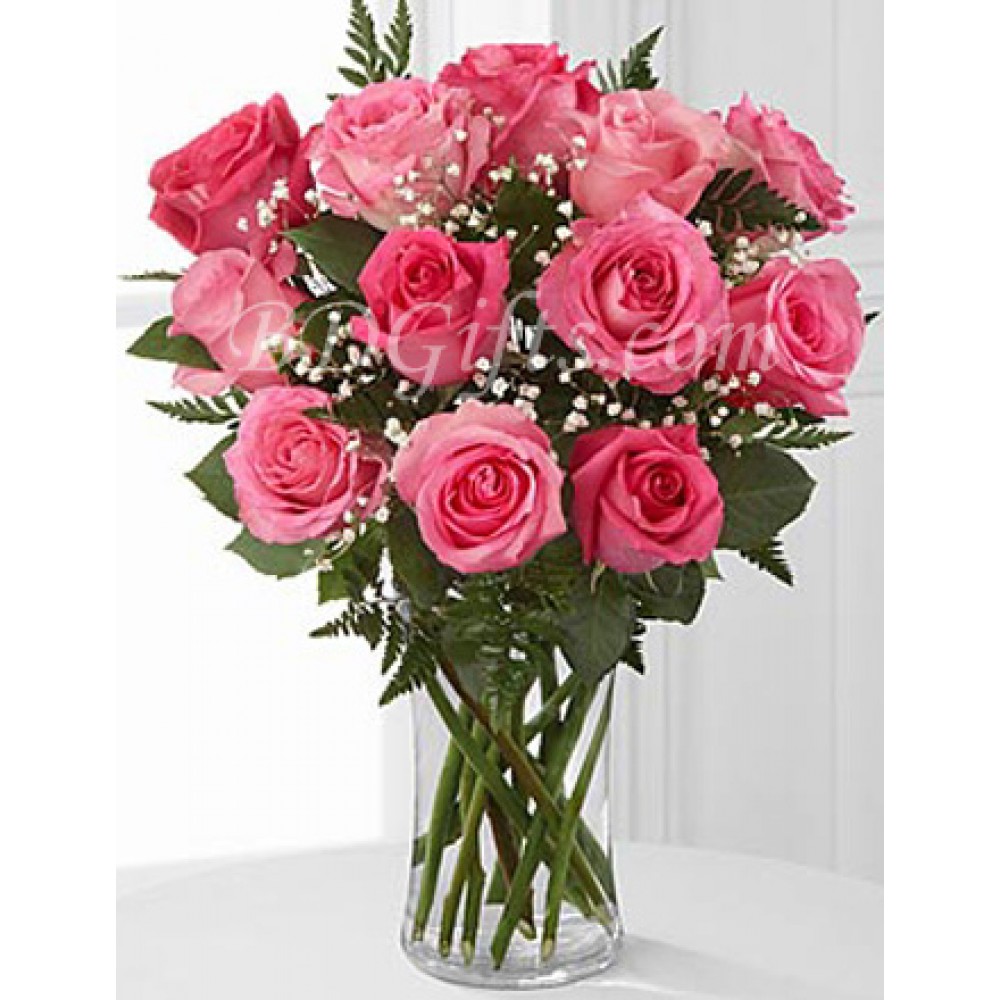 1 Dozen pink roses in vase