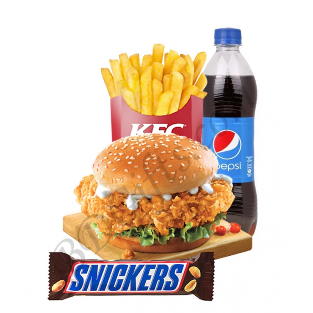 Chicken zinger burger with fries, pepsi and chocolate