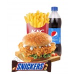 Chicken zinger burger with fries, pepsi and chocolate