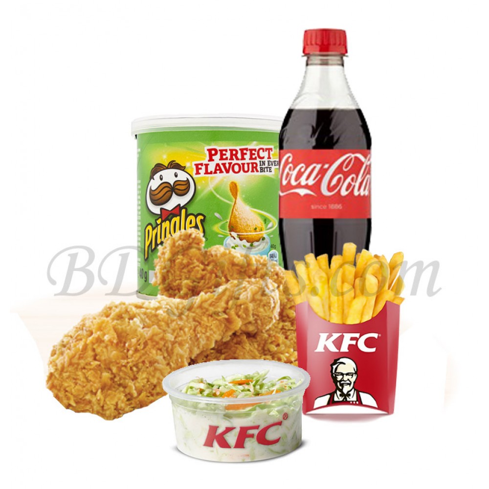 Crispy chicken with fries, coleslaw, chips and coke