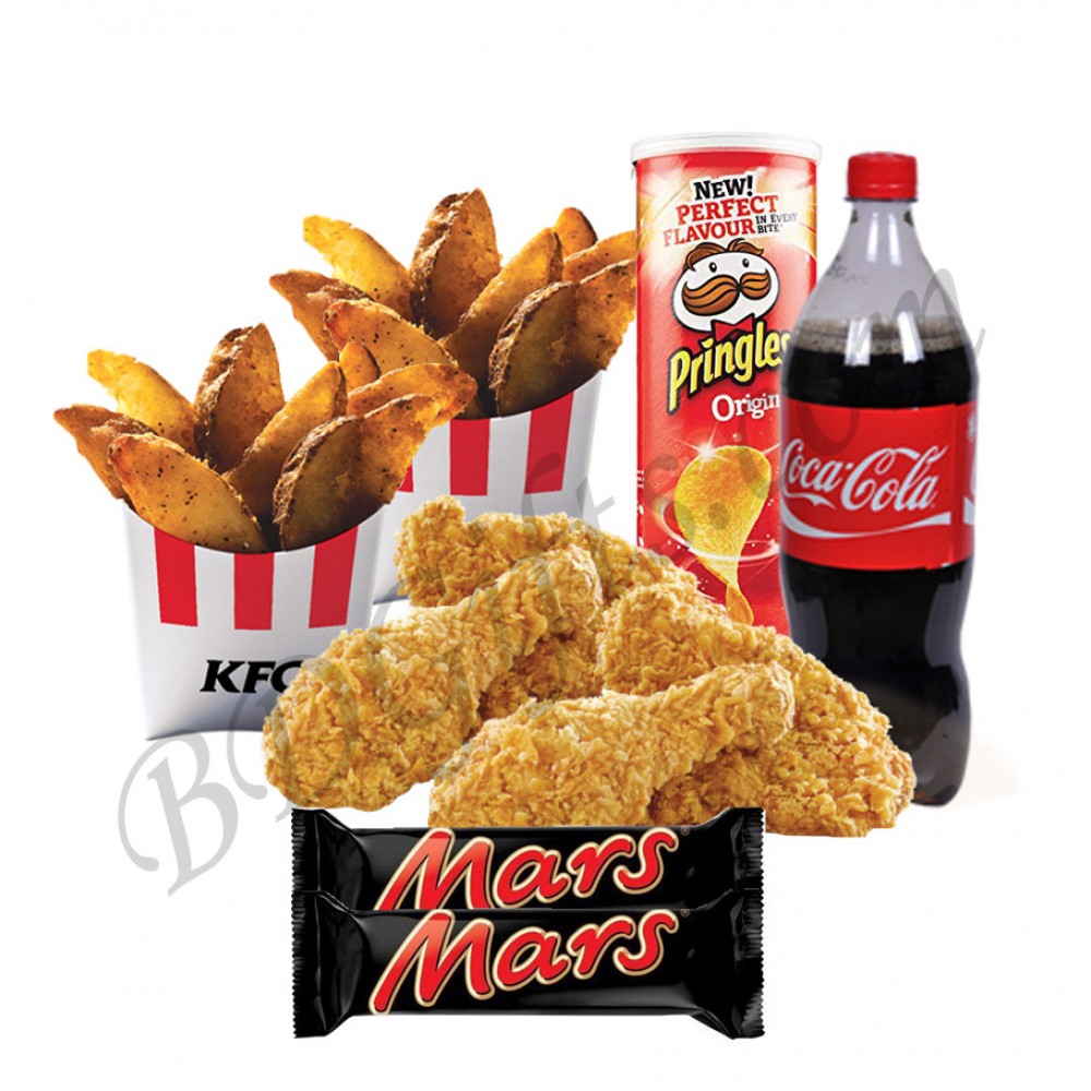 Crispy chicken with wedges, chocolates, chips and coke