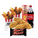 Crispy chicken with wedges, chocolates, chips and coke