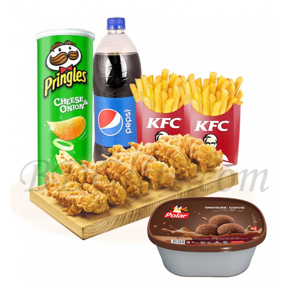 Chicken strips with fries, ice cream, chips and coke