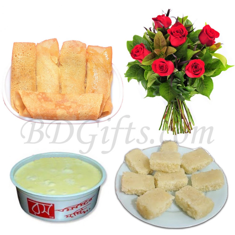 Patishapta with narikel berfi, rosh malai and roses