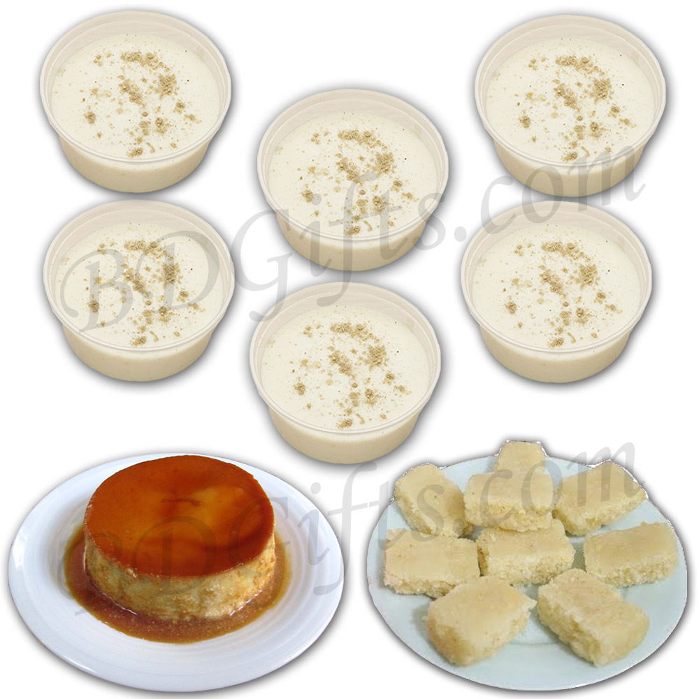 Firni with pudding and narikel berfi