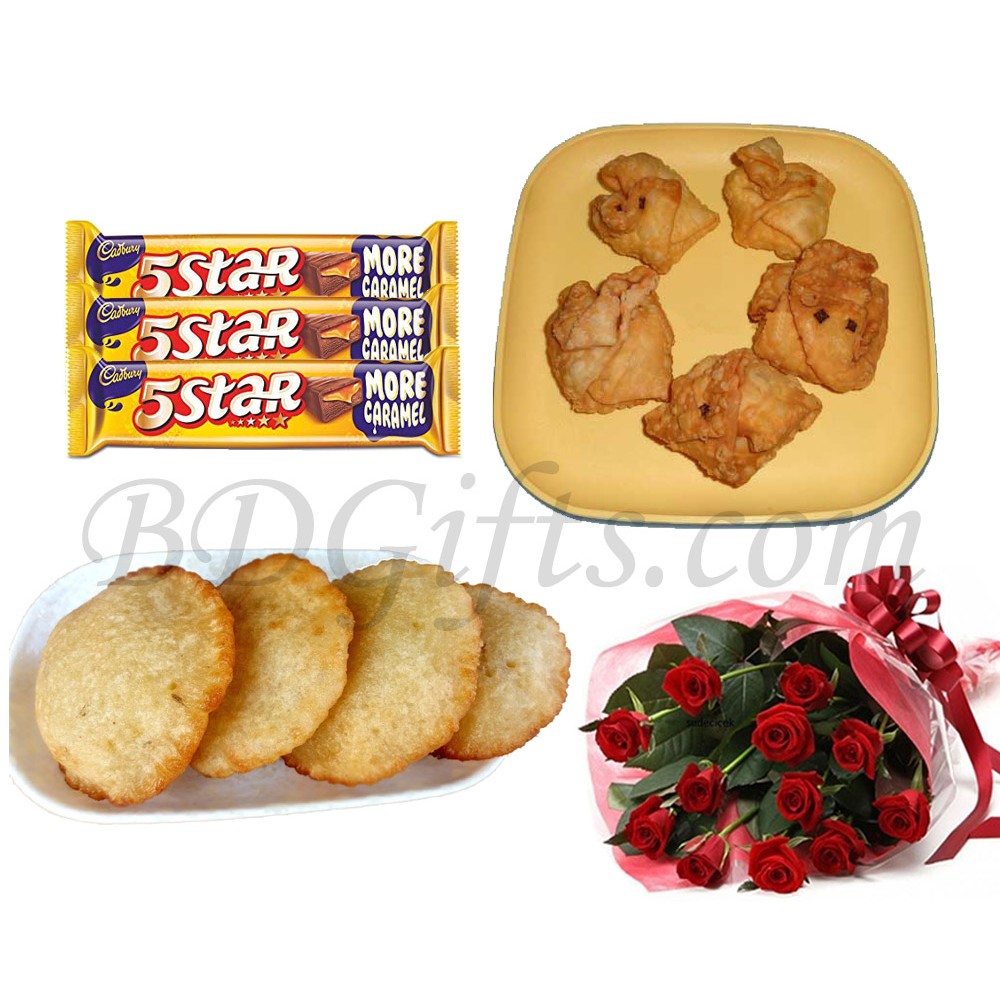 Lobongo lotika with malpoa pitha, roses and chocolates