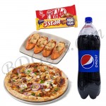 Medium BBQ temptation pizza, Garlic bread exotica, 1 liter pepsi, 1 pc kitkat and 1 pc 5 star chocolate.