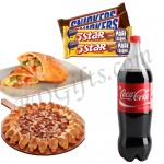 Medium beef lovers cheesy bites pizza, chocolates, coke and stuffed Italian rolls