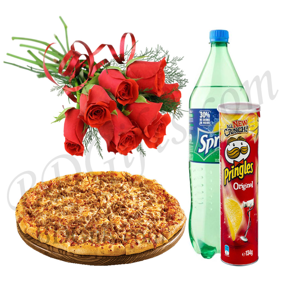 Pizza, sprite, chips and red roses