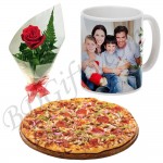 pizza, mug and rose