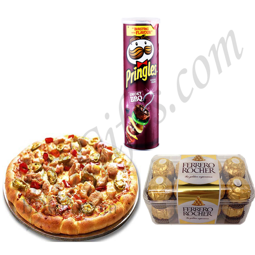 Pizza, chips and chocolates