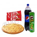 pizza, chocolates, chips and pepsi