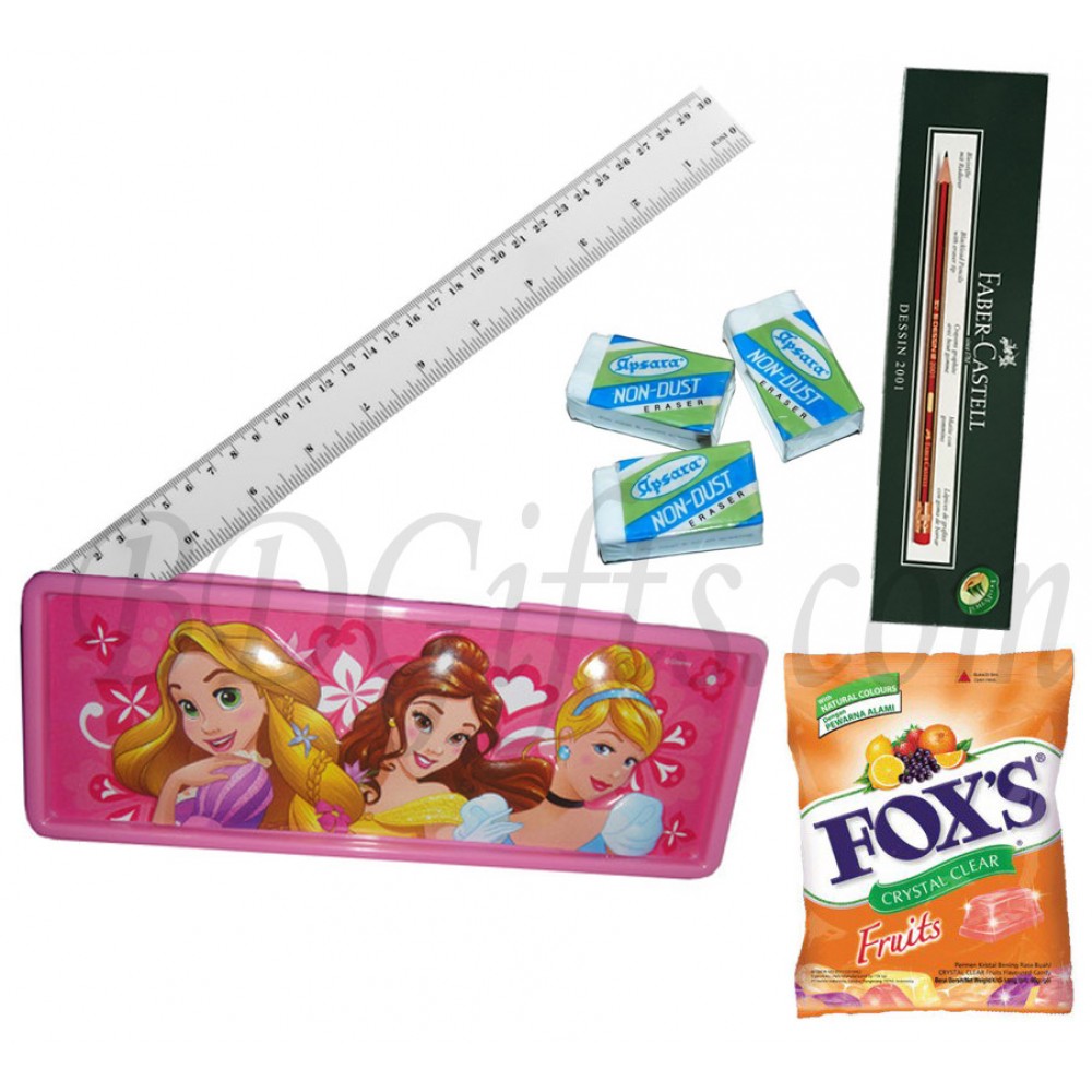Pencil box with ruler, rubber, pencil and candy