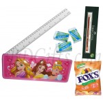 Pencil box with ruler, rubber, pencil and candy
