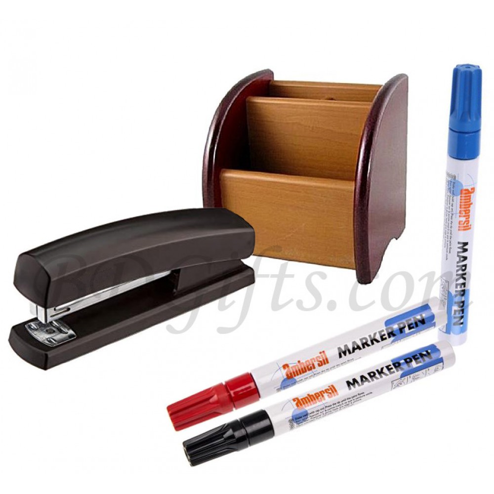 Pen holder with stapler and marker