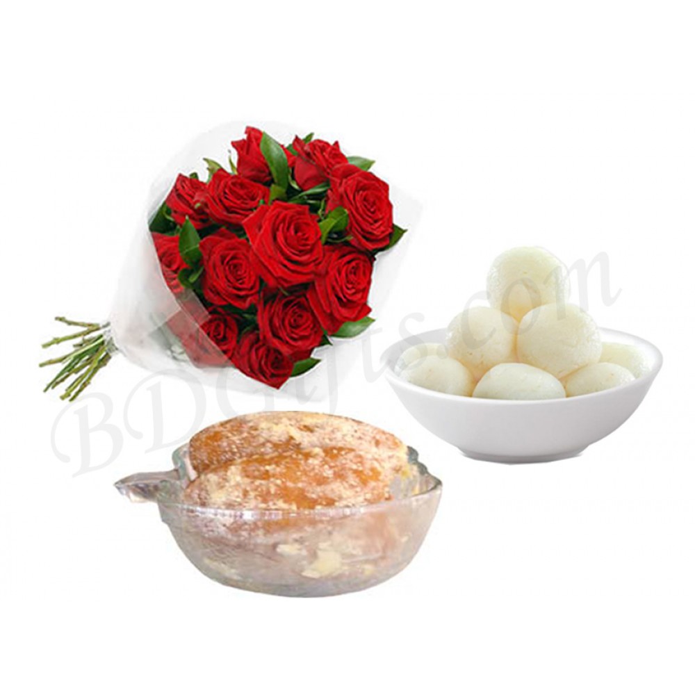 Red roses, chomchom and roshogolla