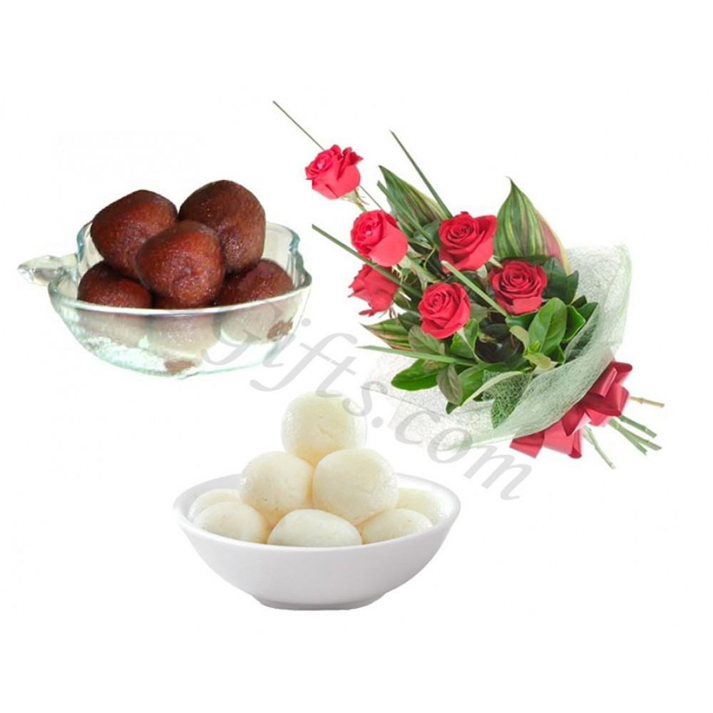 Kalo jam, roshogolla and red roses