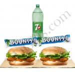 Burger with chocolates and seven up