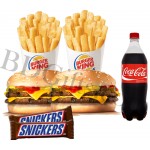 Burger with french fries, chocolates and coke