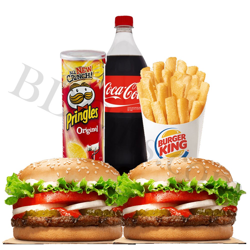 Burger with french fries, chips and coke