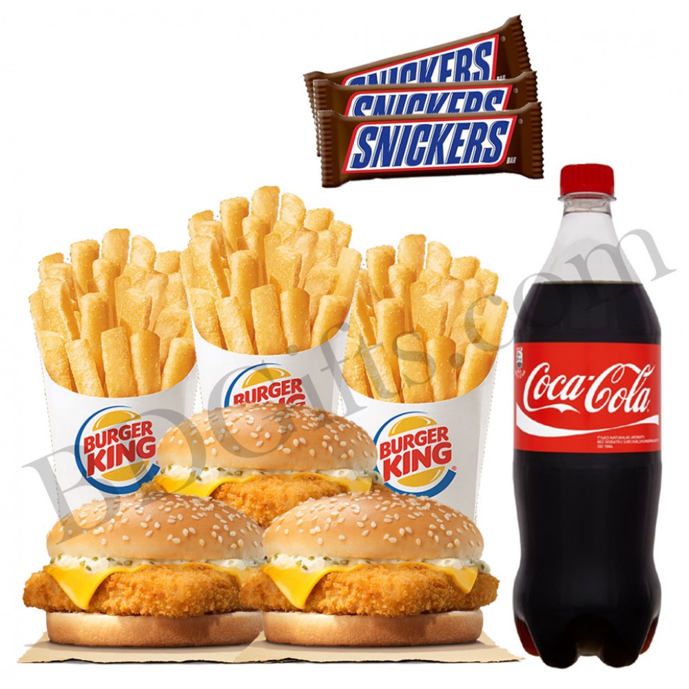 Fish burger with french fries, chocolates and coke