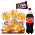 Fish burger with french fries, chocolates and coke