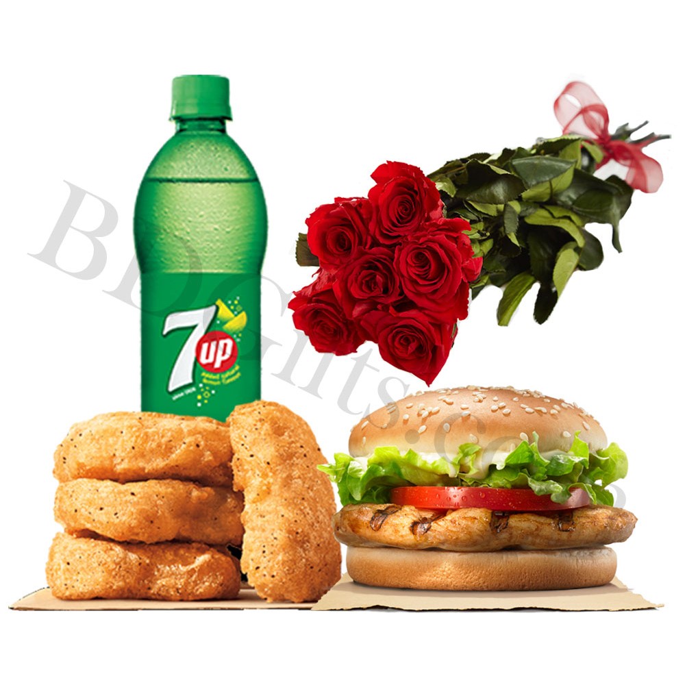 Burger with chicken nuggets, seven up and roses