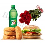 Burger with chicken nuggets, seven up and roses