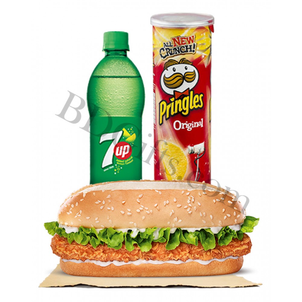 Burger with seven up and chips