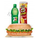 Burger with seven up and chips