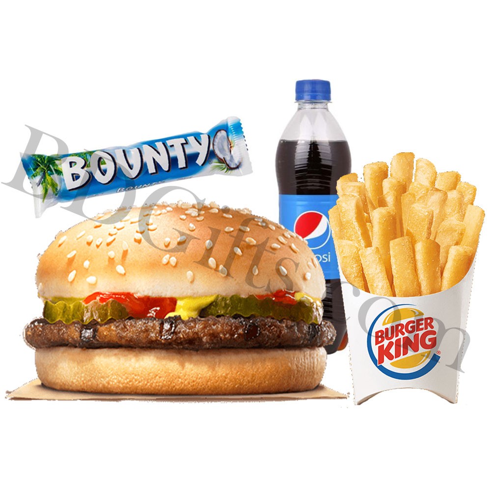 Burger with french fries, chocolates and pepsi