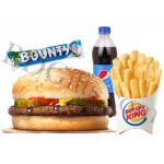 Burger with french fries, chocolates and pepsi